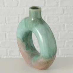 Vase Ring Steingut mit Glasur mint/beige